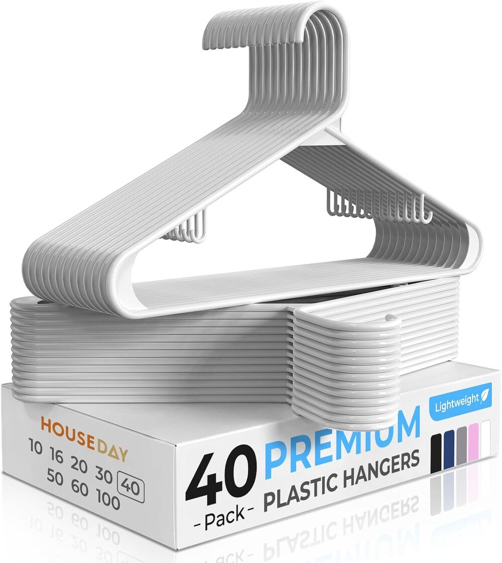 White Plastic Hangers 40 Pack, Built-in Strap Hooks, Space Saving Slim Hanger